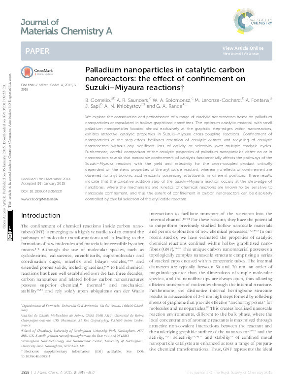 Palladium nanoparticles in catalytic carbon nanoreactors: the effect of confinement on Suzuki-Miyaura reactions Thumbnail