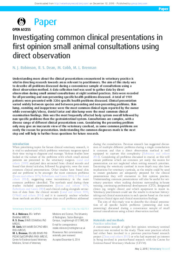 Investigating common clinical presentations in first opinion small animal consultations using direct observation Thumbnail