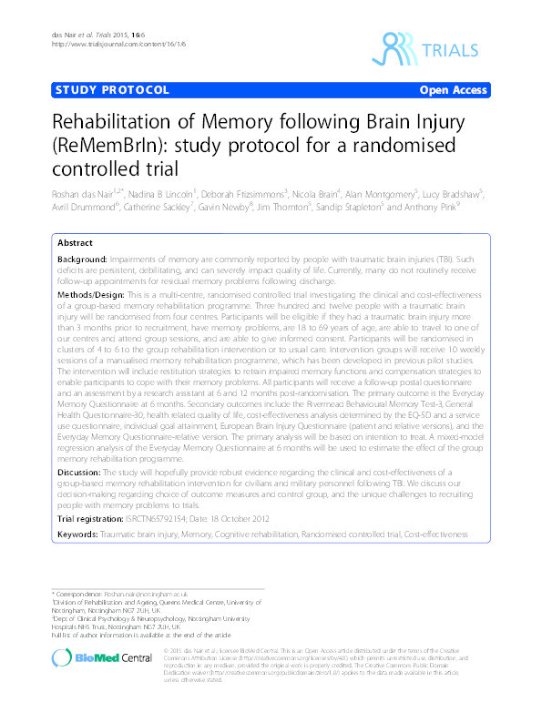Rehabilitation of memory following brain injury (ReMemBrIn): study protocol for a randomised controlled trial Thumbnail