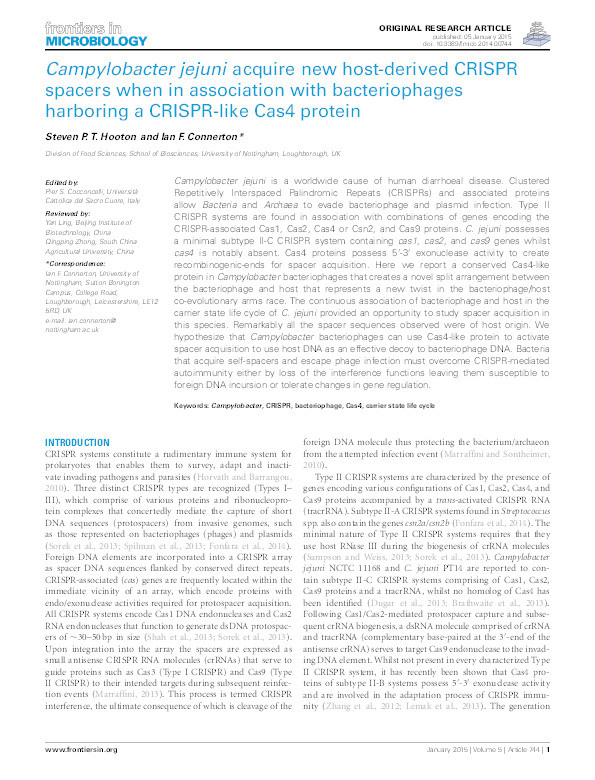 Campylobacter jejuni acquire new host-derived CRISPR spacers when in association with bacteriophages harboring a CRISPR-like Cas4 protein Thumbnail