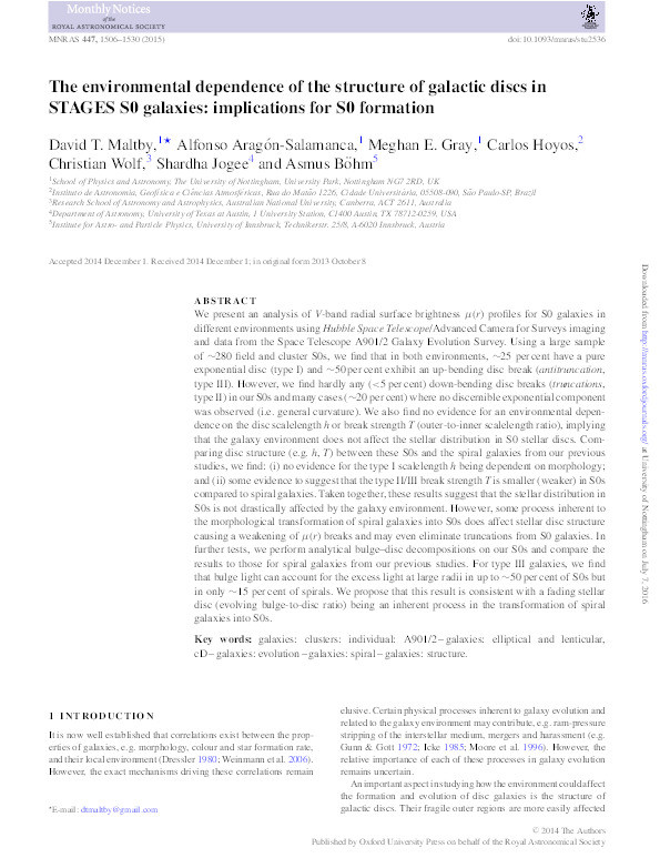 The environmental dependence of the structure of galactic discs in STAGES S0 galaxies: implications for S0 formation Thumbnail