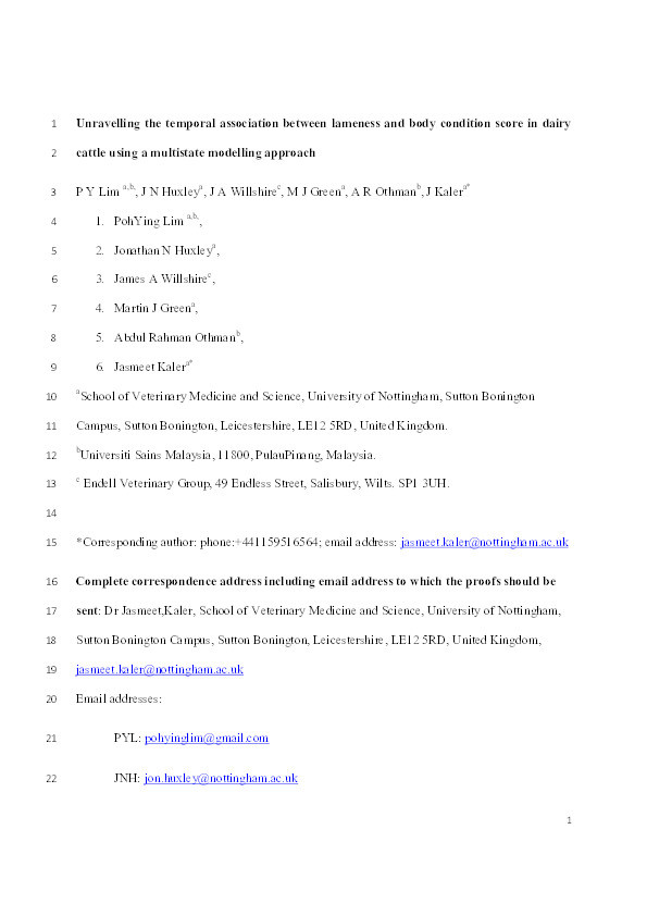 Unravelling the temporal association between lameness and body condition score in dairy cattle using a multistate modelling approach Thumbnail