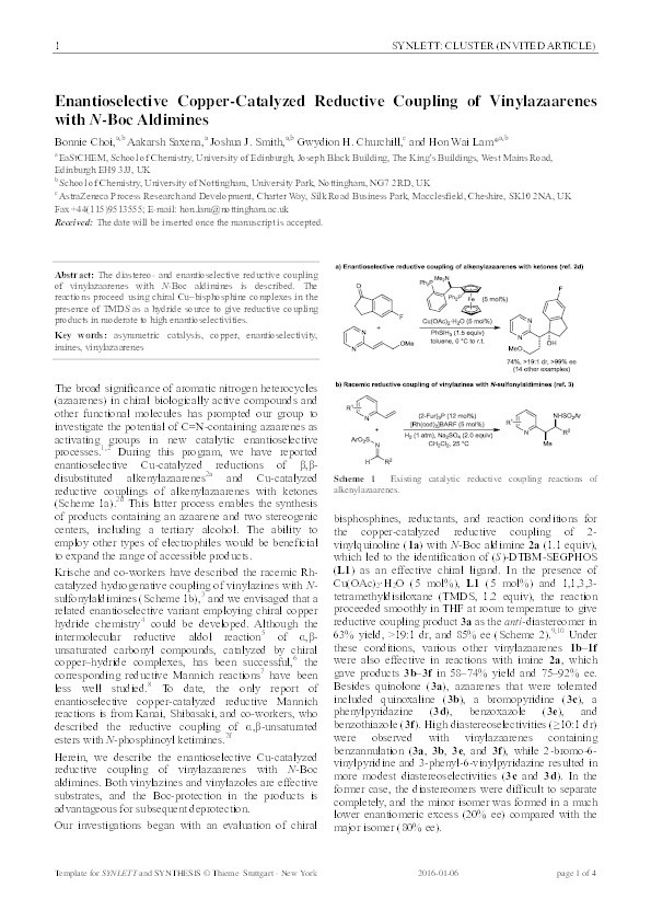 Enantioselective copper-catalyzed reductive coupling of vinylazaarenes with N-Boc aldimines Thumbnail