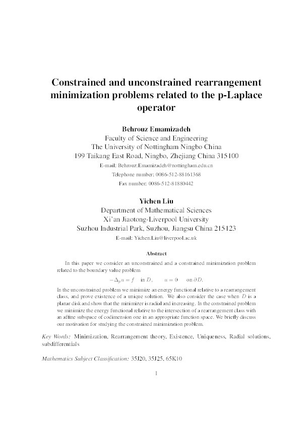 Constrained and unconstrained rearrangement minimization problems related to the p-Laplace operator Thumbnail