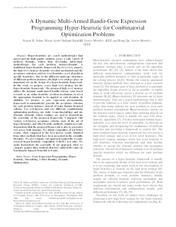A Dynamic Multiarmed Bandit-Gene Expression Programming Hyper-Heuristic for Combinatorial Optimization Problems Thumbnail