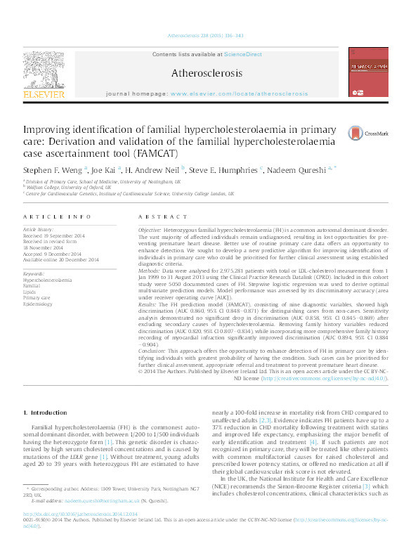 Improving identification of familial hypercholesterolaemia in primary care: Derivation and validation of the familial hypercholesterolaemia case ascertainment tool (FAMCAT) Thumbnail