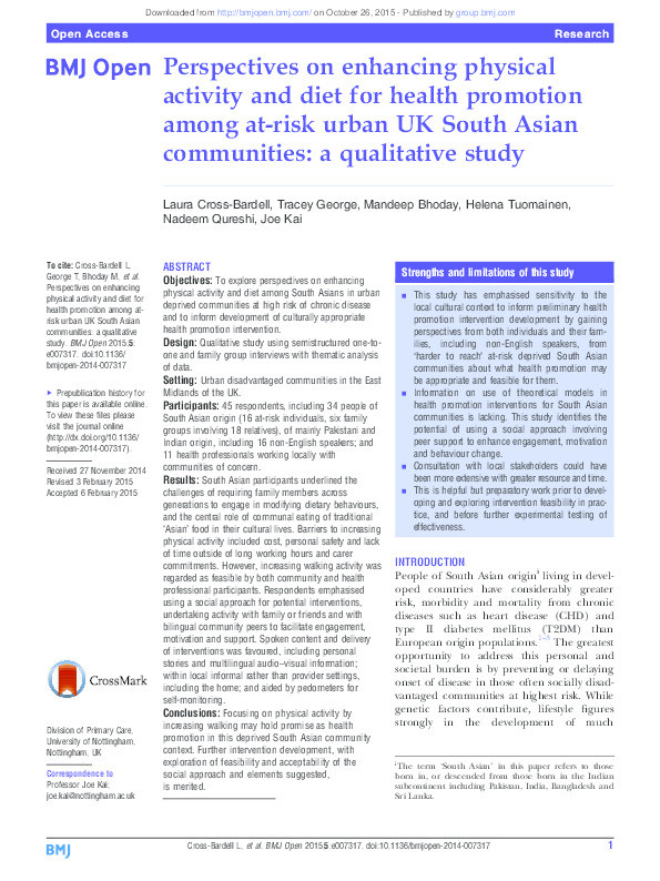 Perspectives on enhancing physical activity and diet for health promotion among at-risk urban UK South Asian communities: a qualitative study Thumbnail