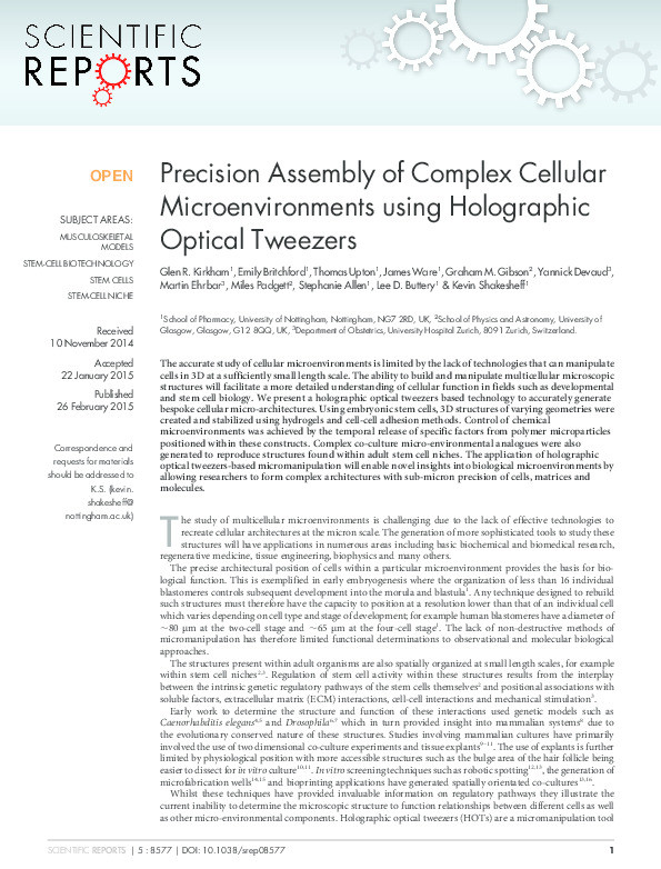 Precision assembly of complex cellular microenvironments using holographic optical tweezers Thumbnail