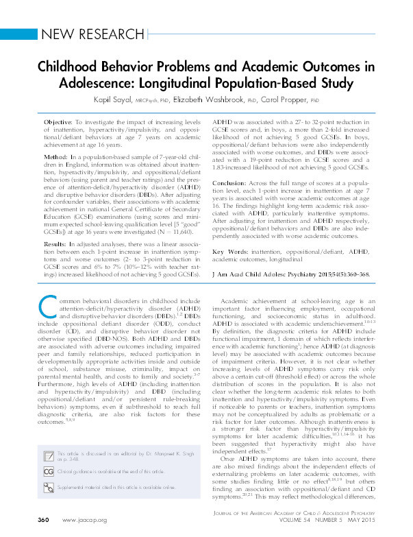 Childhood behavior problems and academic outcomes in adolescence: longitudinal population-based study Thumbnail