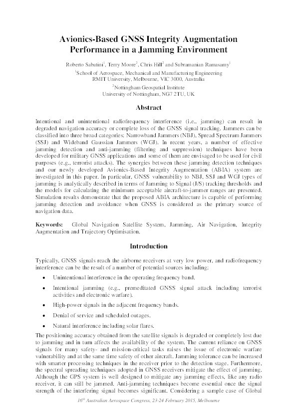 Avionics-based GNSS integrity augmentation performance in a jamming environment Thumbnail