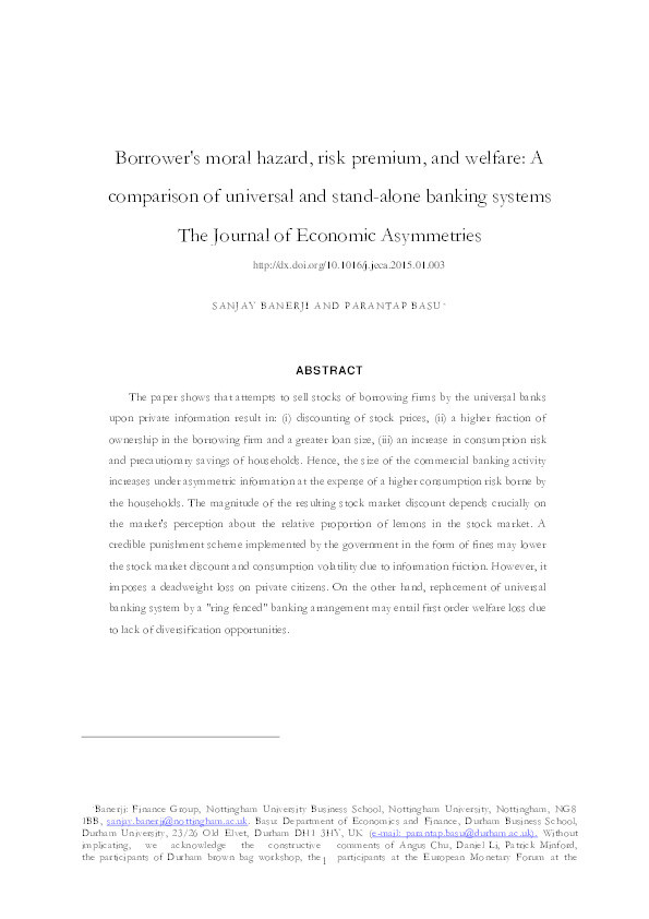 Borrower's moral hazard, risk premium, and welfare: a comparison of universal and stand-alone banking systems Thumbnail