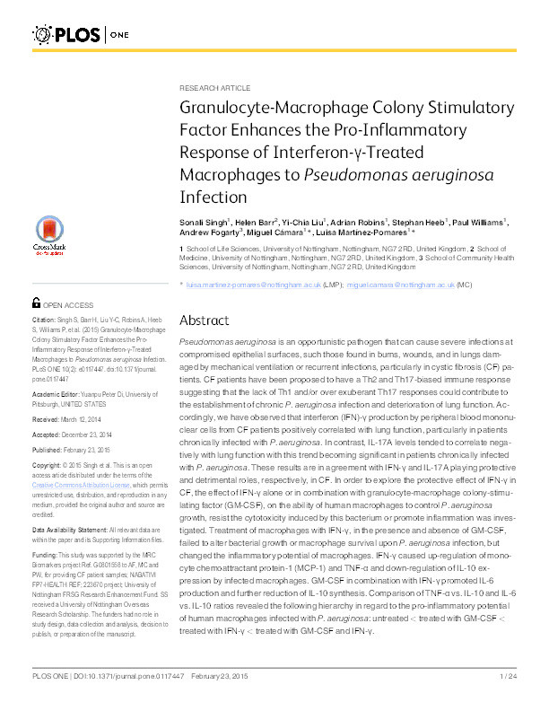 Granulocyte-macrophage colony stimulatory factor enhances the pro-inflammatory response of interferon-?-treated macrophages to pseudomonas aeruginosa infection Thumbnail