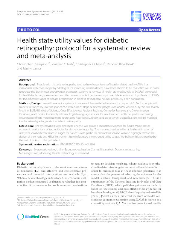 Health state utility values for diabetic retinopathy: protocol for a systematic review and meta-analysis Thumbnail
