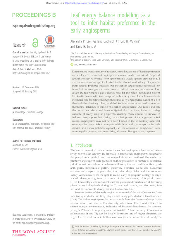 Leaf energy balance modelling as a tool to infer habitat preference in the early angiosperms Thumbnail