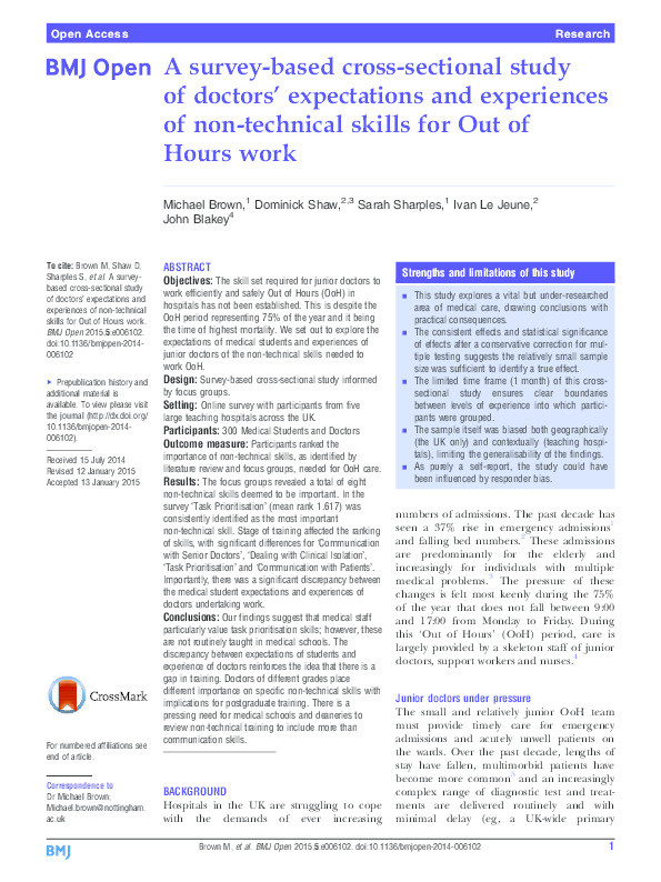 A survey-based cross-sectional study of doctors’ expectations and experiences of non-technical skills for out of hours work Thumbnail