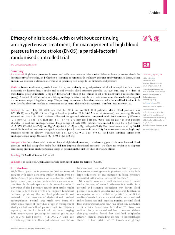 Efficacy of nitric oxide, with or without continuing antihypertensive treatment, for management of high blood pressure in acute stroke (ENOS): a partial-factorial randomised controlled trial Thumbnail