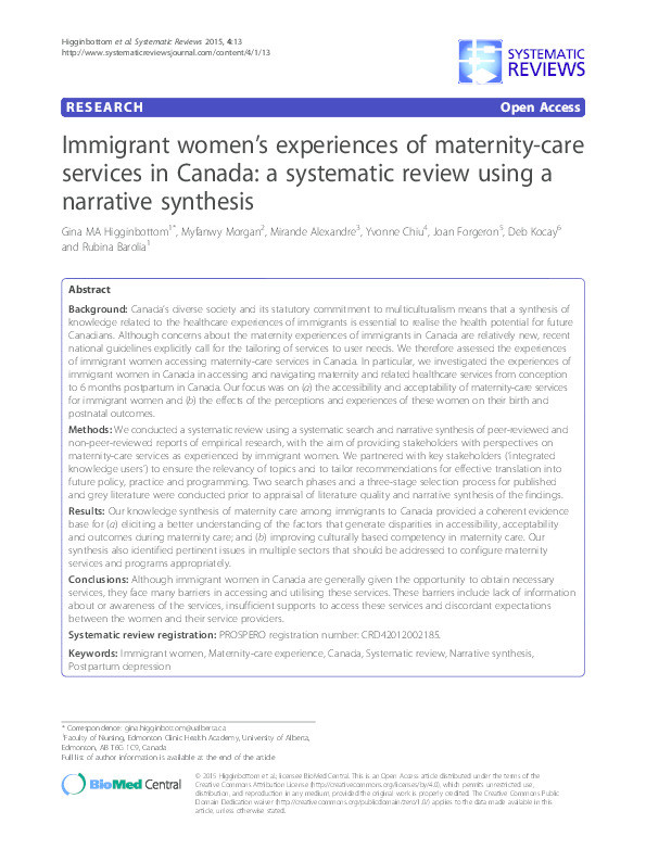 Immigrant women’s experiences of maternity-care services in Canada: a systematic review using a narrative synthesis Thumbnail