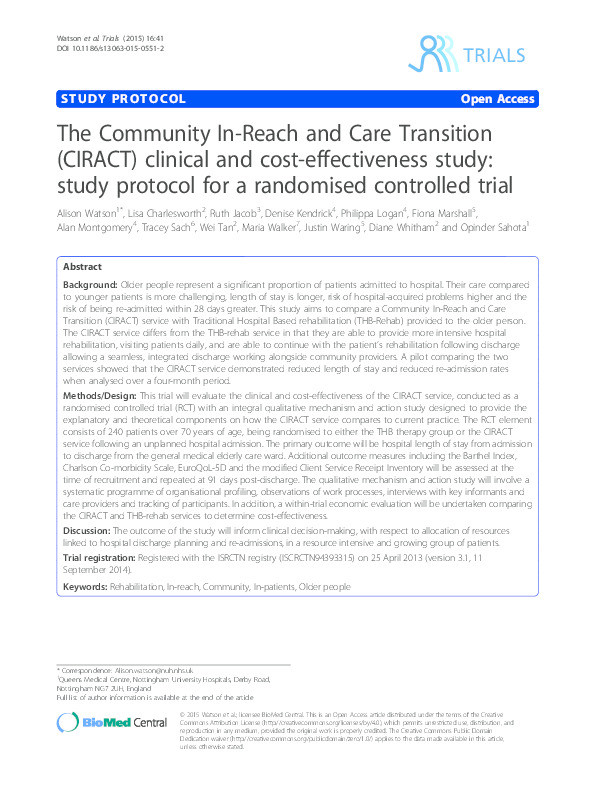 The Community In-Reach and Care Transition (CIRACT) clinical and cost-effectiveness study: study protocol for a randomised controlled trial Thumbnail