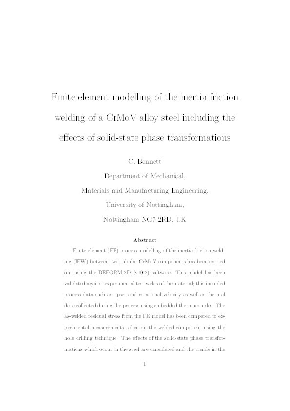 Finite element modelling of the inertia friction welding of a CrMoV alloy steel including the effects of solid-state phase transformations Thumbnail