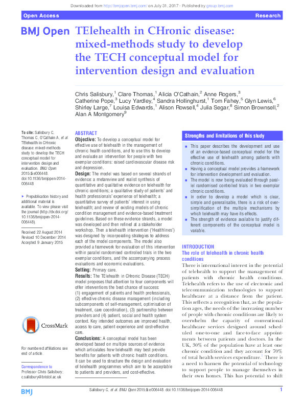 TElehealth in CHronic disease: mixed-methods study to develop the TECH conceptual model for intervention design and evaluation Thumbnail