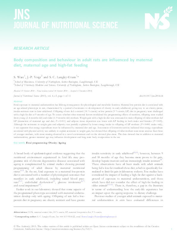 Body composition and behaviour in adult rats are influenced by maternal diet, maternal age and high-fat feeding Thumbnail