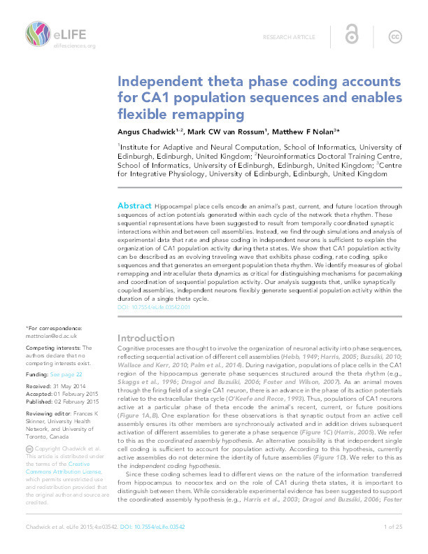 Independent theta phase coding accounts for CA1 population sequences and enables flexible remapping Thumbnail