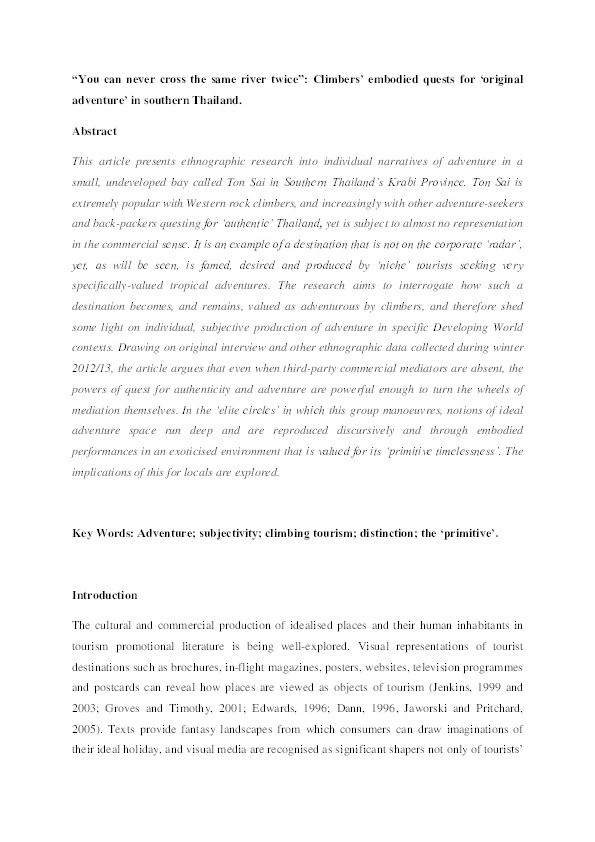 ‘You can never cross the same river twice’: climbers’ embodied quests for ‘original adventure’ in southern Thailand Thumbnail