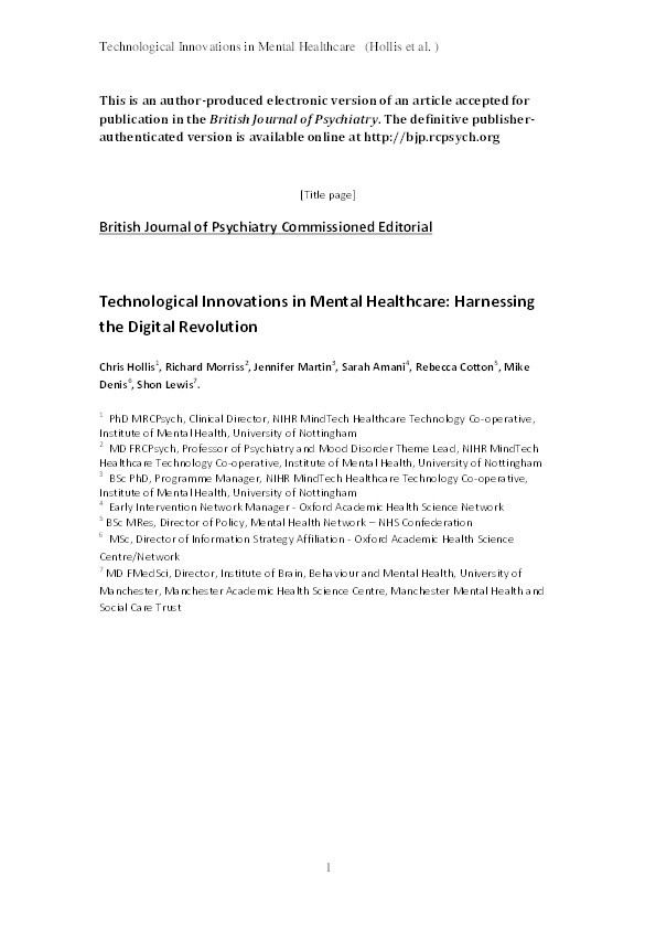 Technological innovations in mental healthcare: harnessing the digital revolution Thumbnail