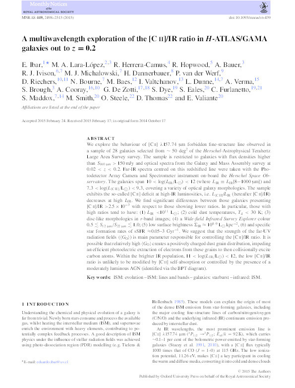 A multiwavelength exploration of the [C?ii]/IR ratio in H-ATLAS/GAMA galaxies out to z=0.2 Thumbnail