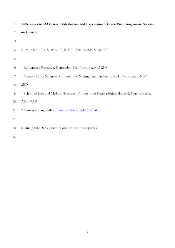 Differences in MAT gene distribution and expression between Rhynchosporium species on grasses Thumbnail