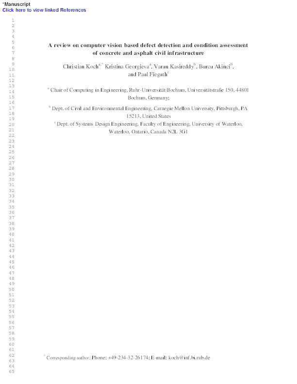 A review on computer vision based defect detection and condition assessment of concrete and asphalt civil infrastructure Thumbnail