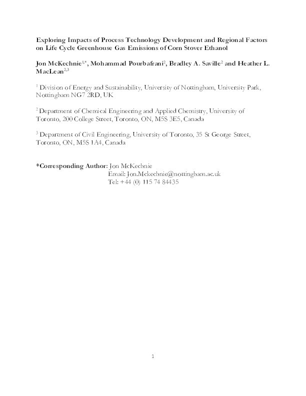 Exploring impacts of process technology development and regional factors on life cycle greenhouse gas emissions of corn stover ethanol Thumbnail