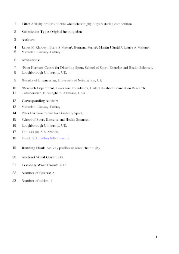 Activity profiles of elite wheelchair rugby players during competition Thumbnail