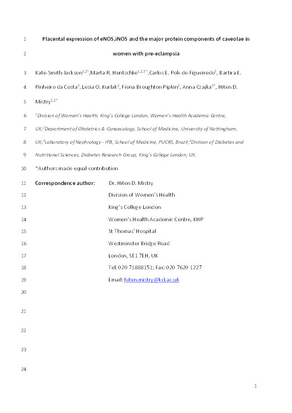 Placental expression of eNOS, iNOS and the major protein components of caveolae in women with pre-eclampsia Thumbnail