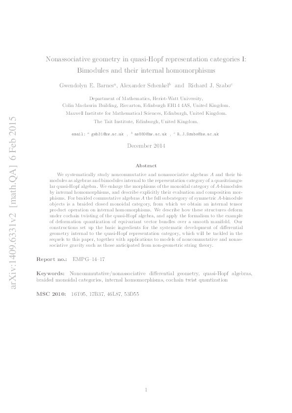 Nonassociative geometry in quasi-Hopf representation categories I: bimodules and their internal homomorphisms Thumbnail