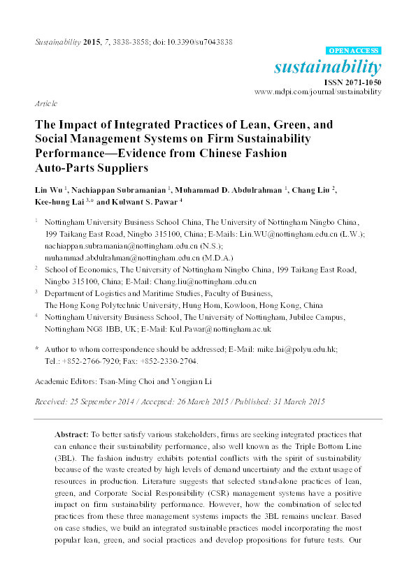 The impact of integrated practices of lean, green, and social management systems on firm sustainability performance: evidence from Chinese fashion auto-parts suppliers Thumbnail