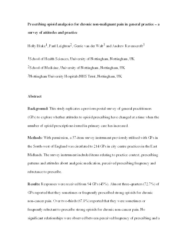 Prescribing opioid analgesics for chronic non-malignant pain in general practice - a survey of attitudes and practice Thumbnail