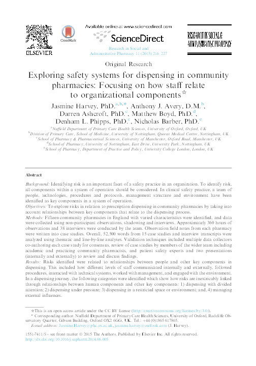 Exploring safety systems for dispensing in community pharmacies: Focusing on how staff relate to organizational components Thumbnail