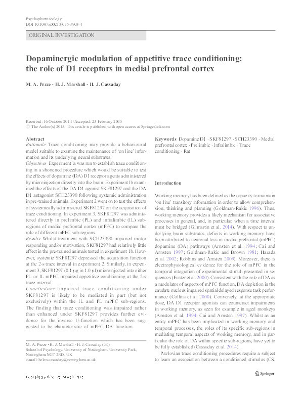 Dopaminergic modulation of appetitive trace conditioning: the role of D1 receptors in medial prefrontal cortex Thumbnail