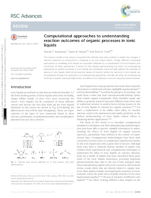 Computational approaches to understanding reaction outcomes of organic processes in ionic liquids Thumbnail