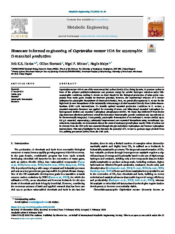 Biosensor-informed engineering of Cupriavidus necator H16 for autotrophic D-mannitol production Thumbnail