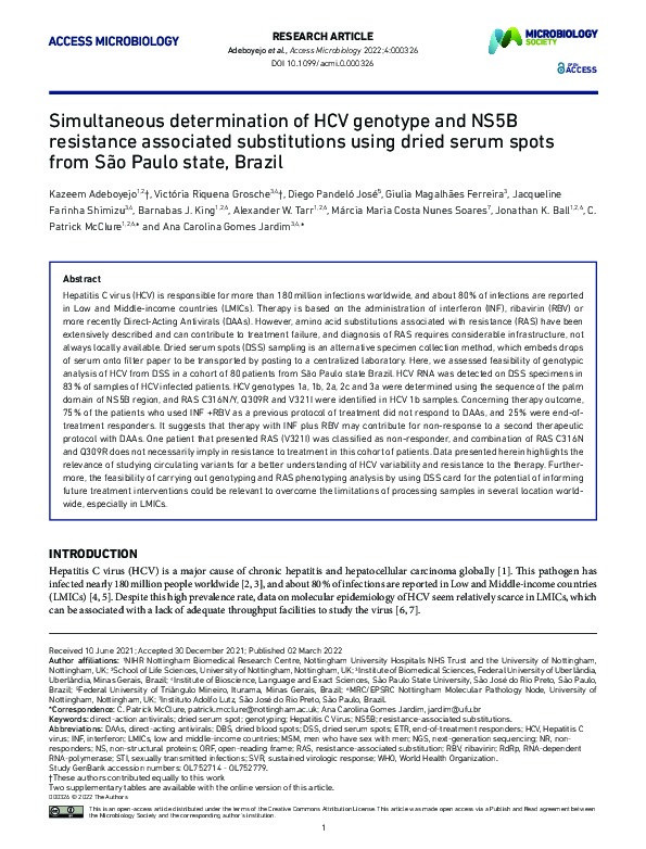 Simultaneous determination of HCV genotype and NS5B resistance associated substitutions using dried serum spots from São Paulo state, Brazil Thumbnail