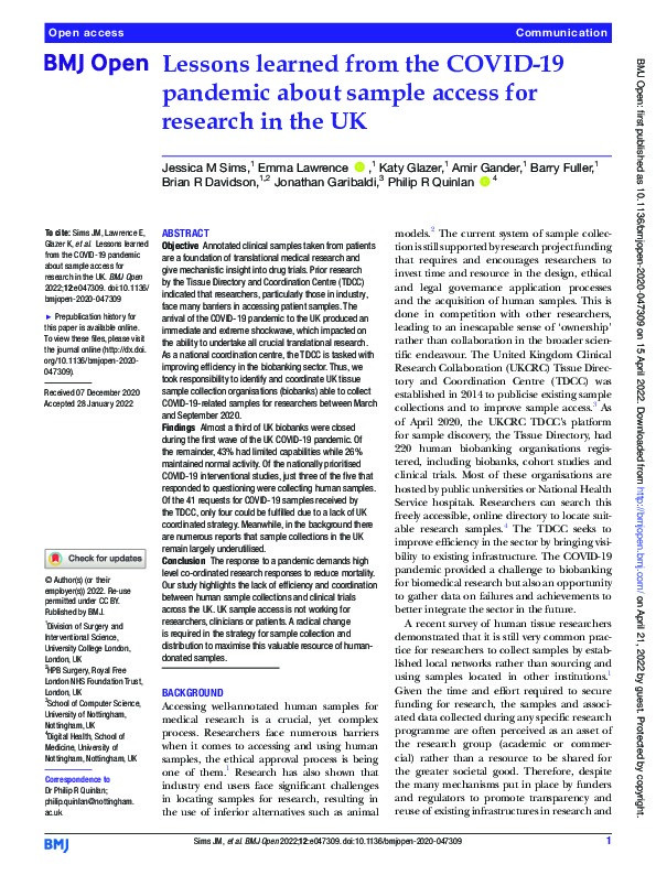Lessons learned from the COVID-19 pandemic about sample access for research in the UK Thumbnail