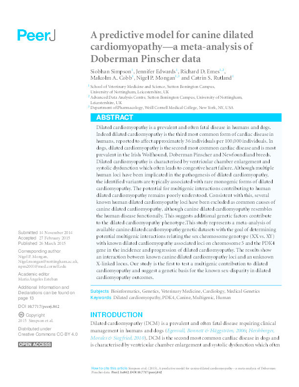 A predictive model for canine dilated cardiomyopathy: a meta-analysis of Doberman Pinscher data Thumbnail