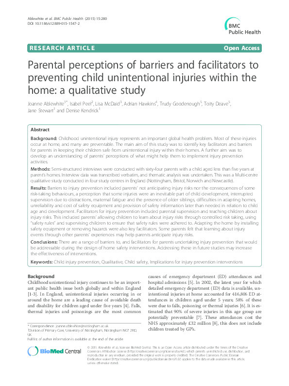 Parental perceptions of barriers and facilitators to preventing child unintentional injuries within the home: a qualitative study Thumbnail