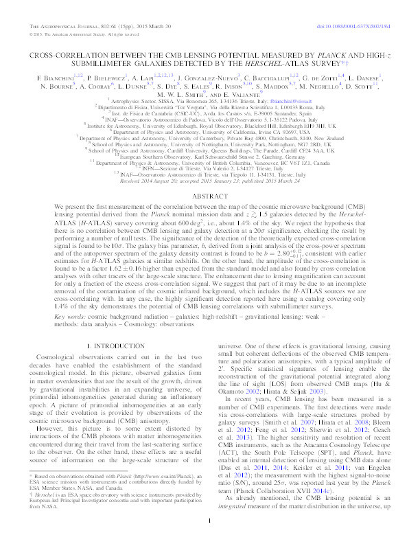 Cross-correlation between the CMB lensing potential measured by Planck and high-z submillimeter galaxies detected by the Herschel-ATLAS survey Thumbnail