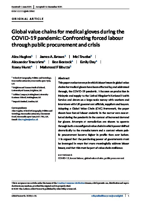 Global value chains for medical gloves during the COVID‐19 pandemic: Confronting forced labour through public procurement and crisis Thumbnail