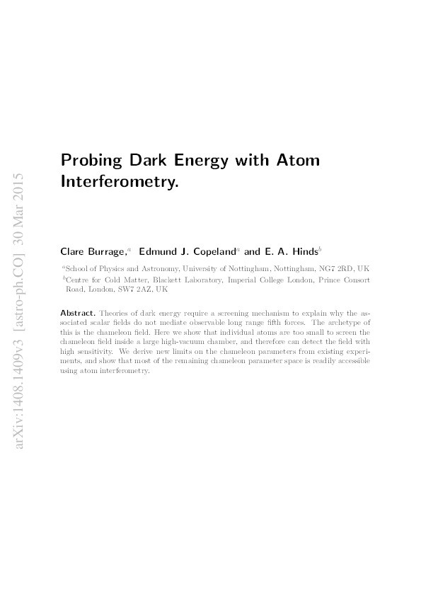Probing dark energy with atom interferometry Thumbnail