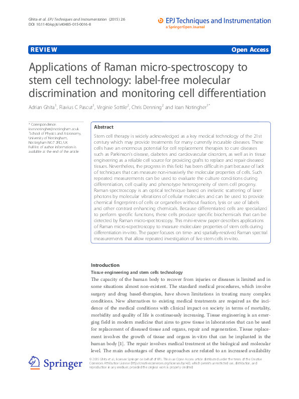 Applications of Raman micro-spectroscopy to stem cell technology: label-free molecular discrimination and monitoring cell differentiation. Thumbnail