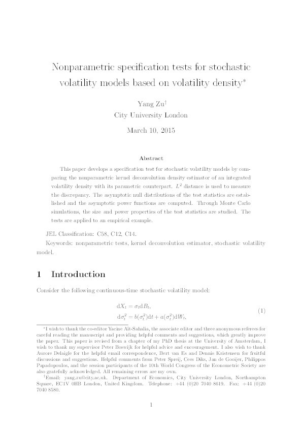 Nonparametric specification tests for stochastic volatility models based on volatility density Thumbnail